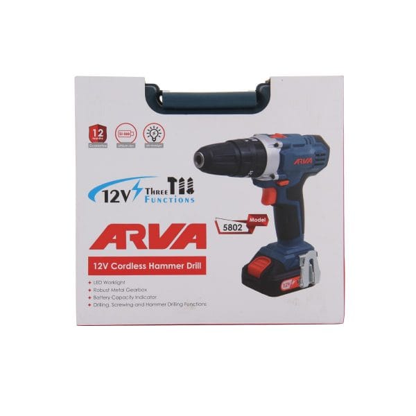 دریل شارژی چکشی آروا لیتیوم 12 ولت مدل 5802