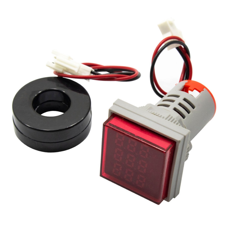 ولتمتر، آمپرمتر و فرکانس متر چراغ سیگنالی AC500V-100A-75Hz قرمز مربعی مدل AD16-22FVAH
