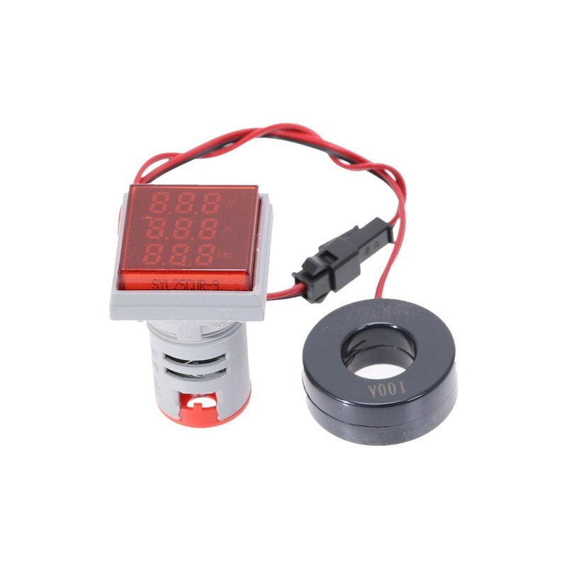 ولتمتر، آمپرمتر و فرکانس متر چراغ سیگنالی AC500V-100A-75Hz قرمز مربعی مدل AD16-22FVAH