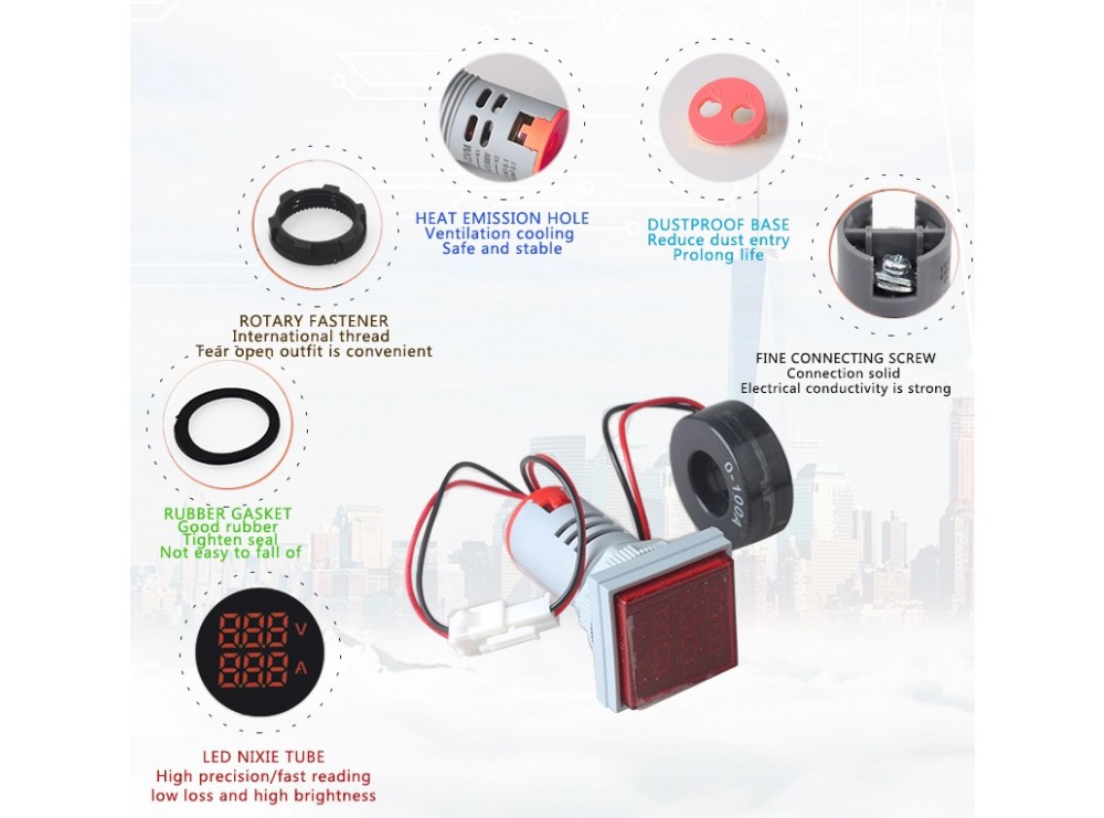 ولتمتر، آمپرمتر و فرکانس متر چراغ سیگنالی AC500V-100A-75Hz قرمز مربعی مدل AD16-22FVAH