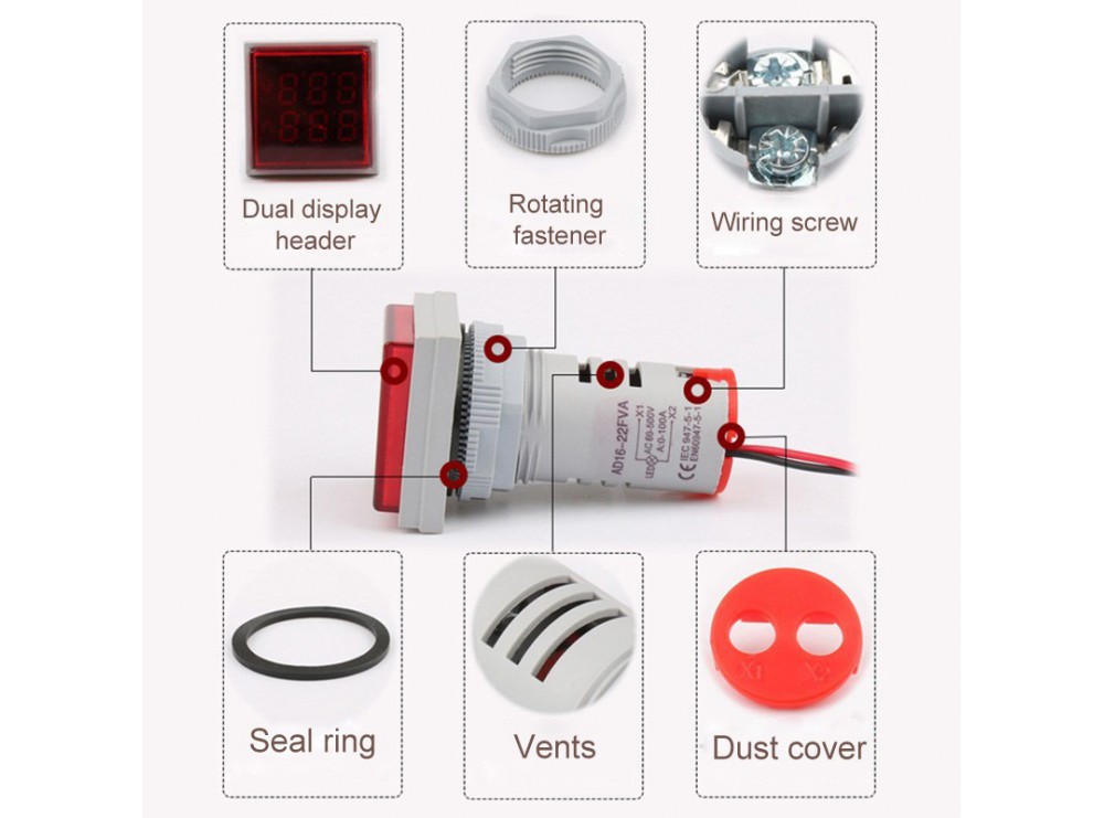 ولتمتر و آمپرمتر چراغ سیگنالی AC500V-100A سبز مربعی مدل AD16-22FVA