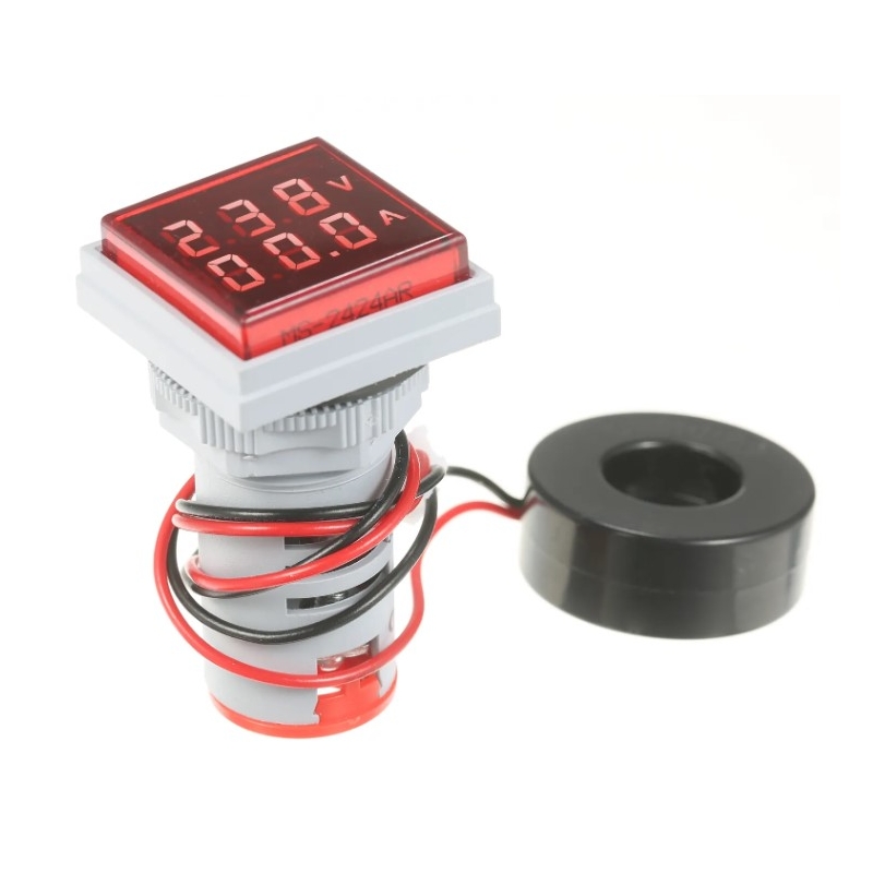 ولتمتر و آمپرمتر چراغ سیگنالی AC500V-100A قرمز مربعی مدل AD16-22FVA