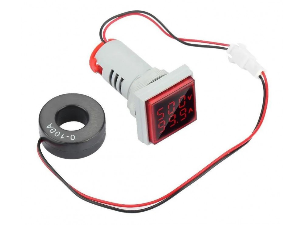 ولتمتر و آمپرمتر چراغ سیگنالی AC500V-100A قرمز مربعی مدل AD16-22FVA