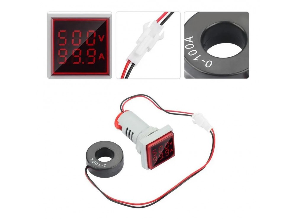 ولتمتر و آمپرمتر چراغ سیگنالی AC500V-100A قرمز مربعی مدل AD16-22FVA