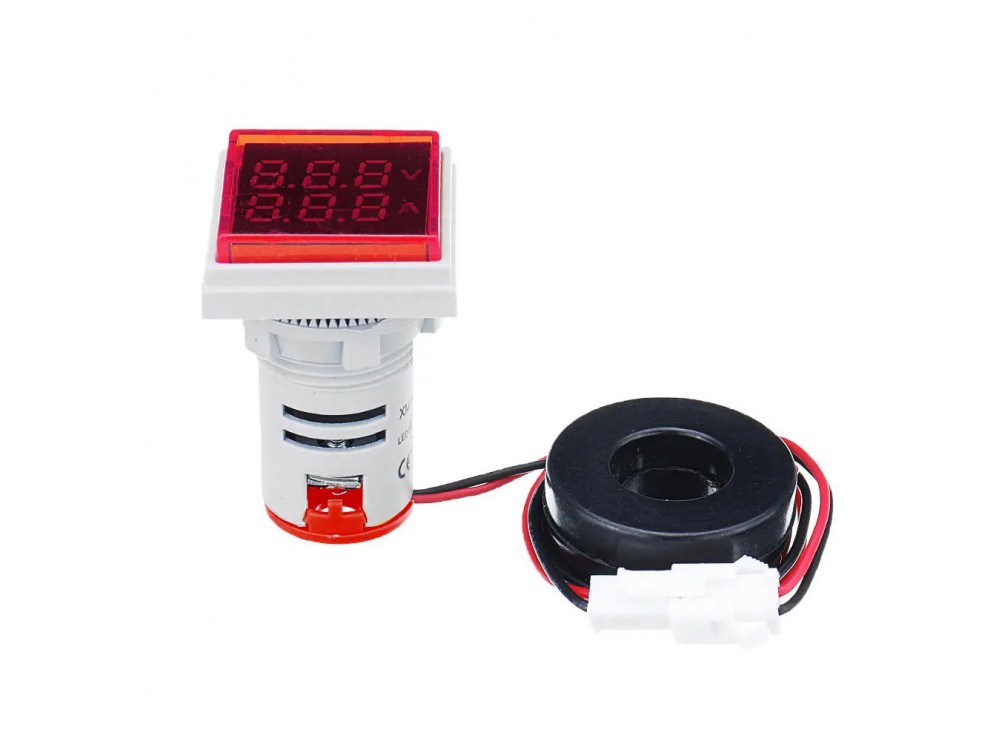 ولتمتر و آمپرمتر چراغ سیگنالی AC500V-100A قرمز مربعی مدل AD16-22FVA
