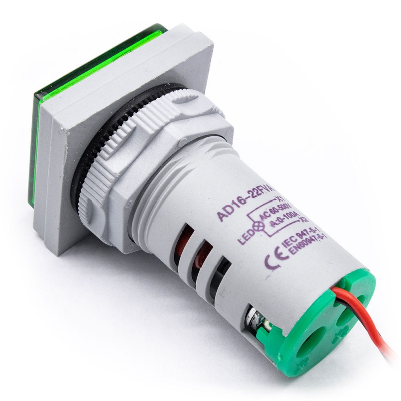 ولتمتر و آمپرمتر چراغ سیگنالی AC500V-100A سبز مربعی مدل AD16-22FVA