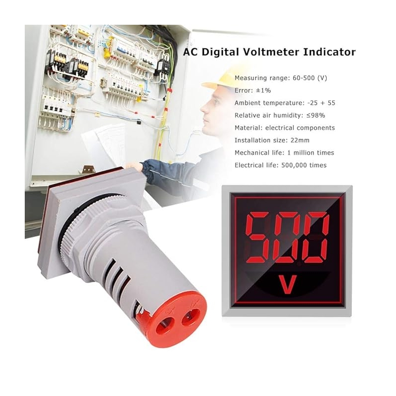 ولتمتر چراغ سیگنالی AC500V قرمز مربعی مدل AD16-22FSV