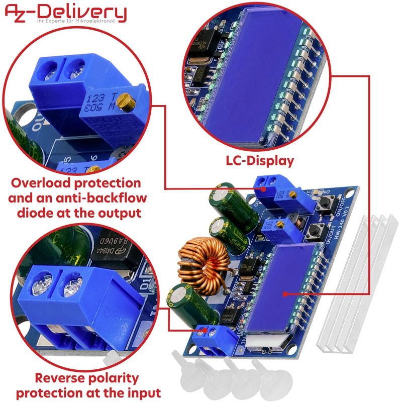 ماژول مبدل DC-DC کاهنده و افزاینده HW-140 دارای نمایشگر با امکان کنترل جریان و ولتاژ خروجی