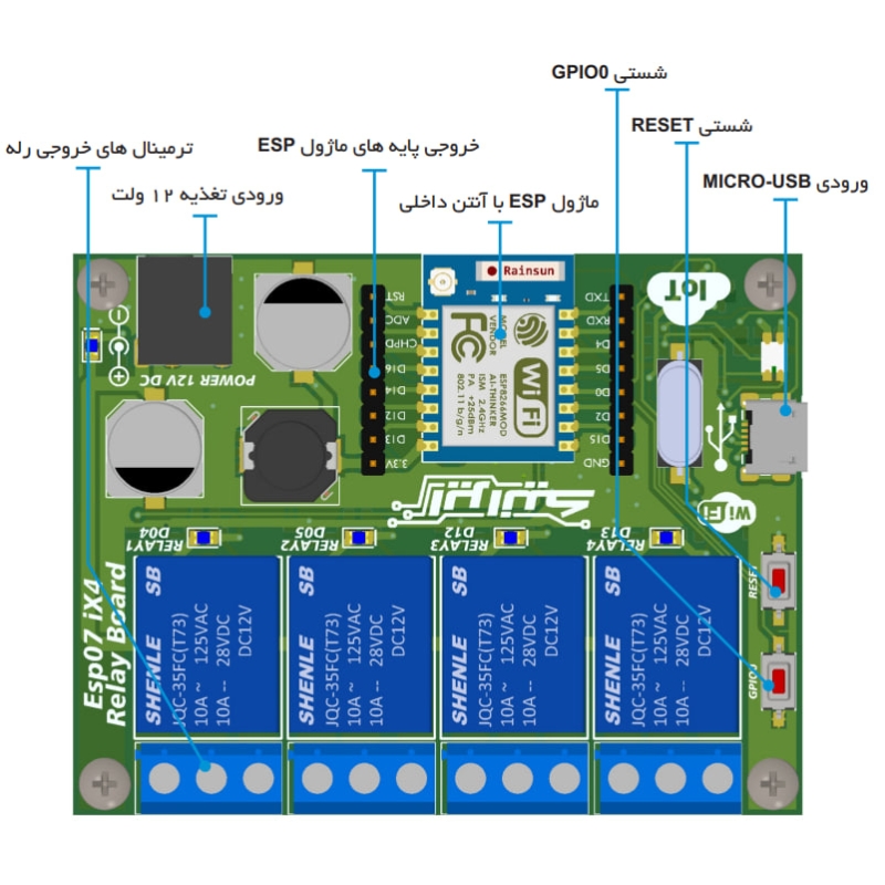 برد کاربردی صنعتی چهار رله IOT بر اساس ماژول ESP07
