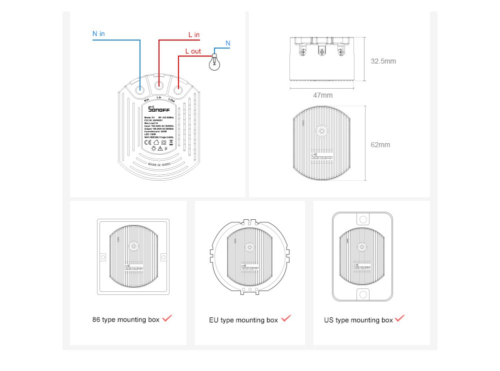 دیمر هوشمند وای فای SONOFF D1 با قابلیت کنترل از طریق WiFi و ریموت 433MHz