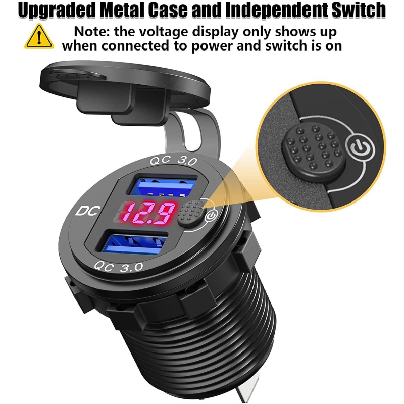 شارژر USB خودرویی روپنلی گرد قرمز دو خروجی فست شارژ QC3.0 با نمایشگر ولتاژ و کلید ON/OFF