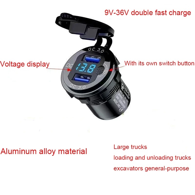 شارژر USB خودرویی روپنلی گرد قرمز دو خروجی فست شارژ QC3.0 با نمایشگر ولتاژ و کلید ON/OFF