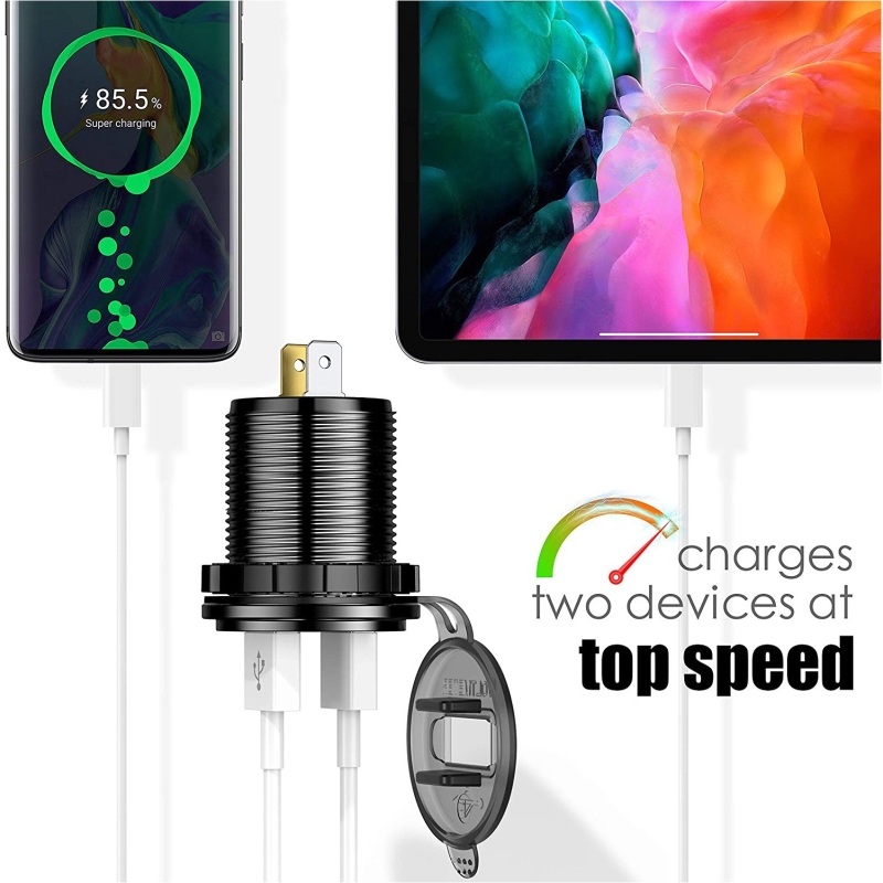 شارژر USB خودرویی روپنلی گرد قرمز دو خروجی فست شارژ QC3.0 با نشانگر ولتاژ