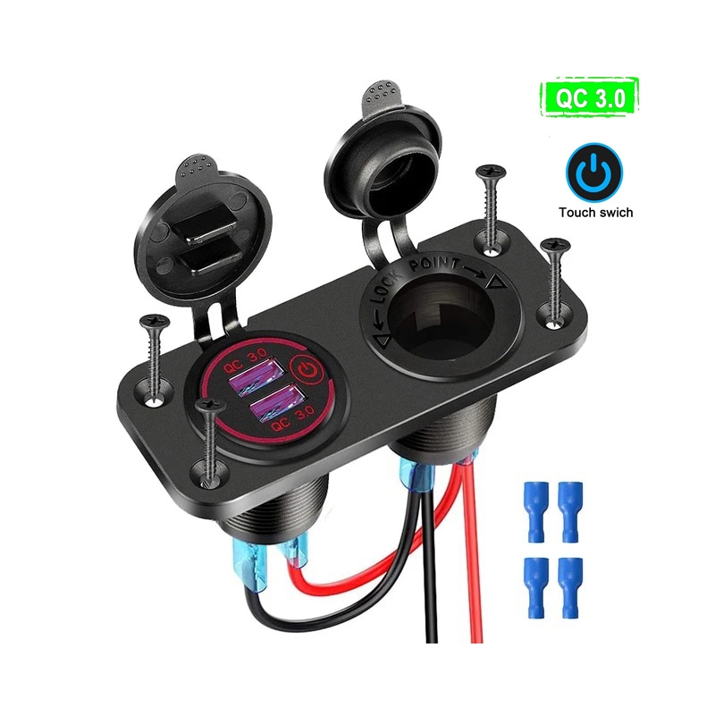 شارژر USB خودرویی روپنلی دوبل فندکی و دو خروجی فست شارژ QC3.0 با ON/OFF لمسی