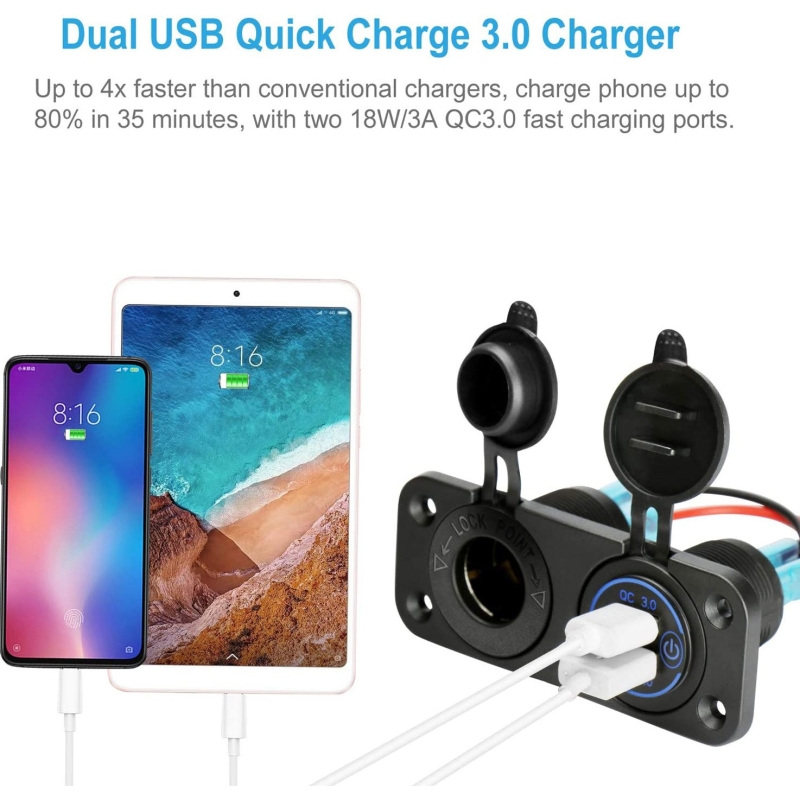 شارژر USB خودرویی روپنلی دوبل فندکی و دو خروجی فست شارژ QC3.0 با ON/OFF لمسی
