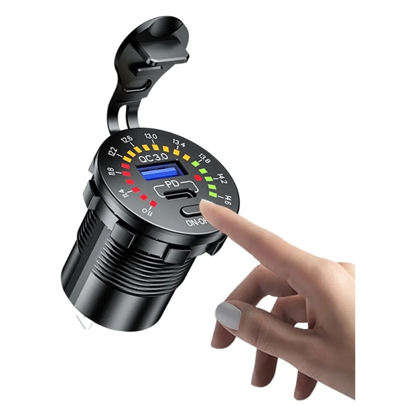 شارژر USB خودرویی روپنلی گرد QC3.0 + Type-C با کلید ON/OFF و نشانگر ولتاژ