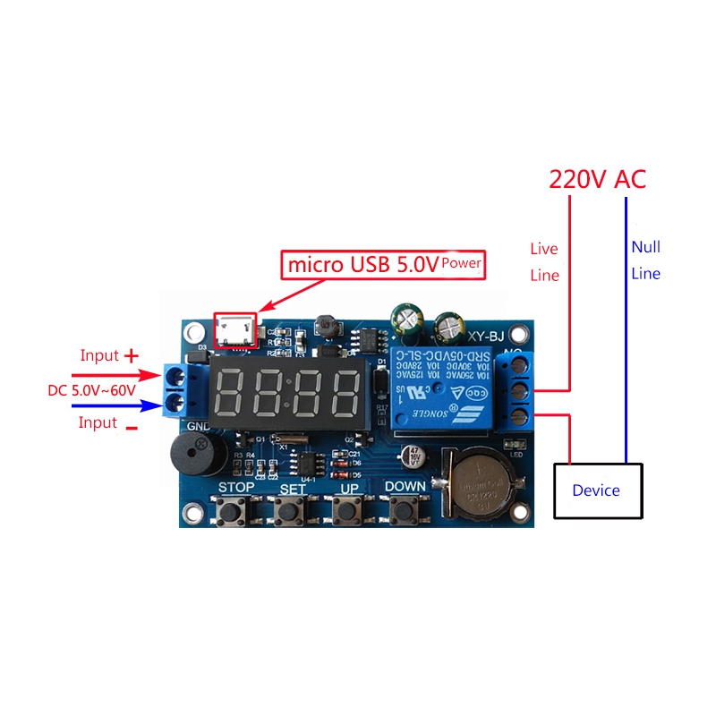 ماژول تایمر و ساعت XY-BJ ورودی Micro USB همراه با رله و نمایشگر
