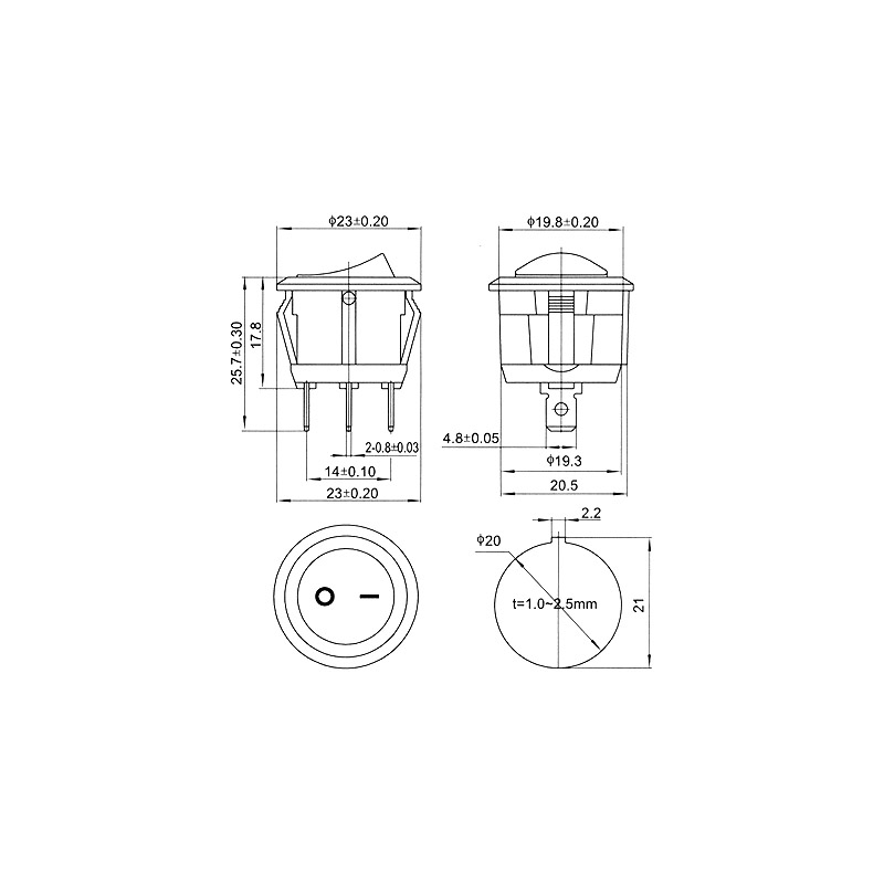 مجموعه 25 عددی کلید راکر دوحالته گرد دو پین 19x17mm