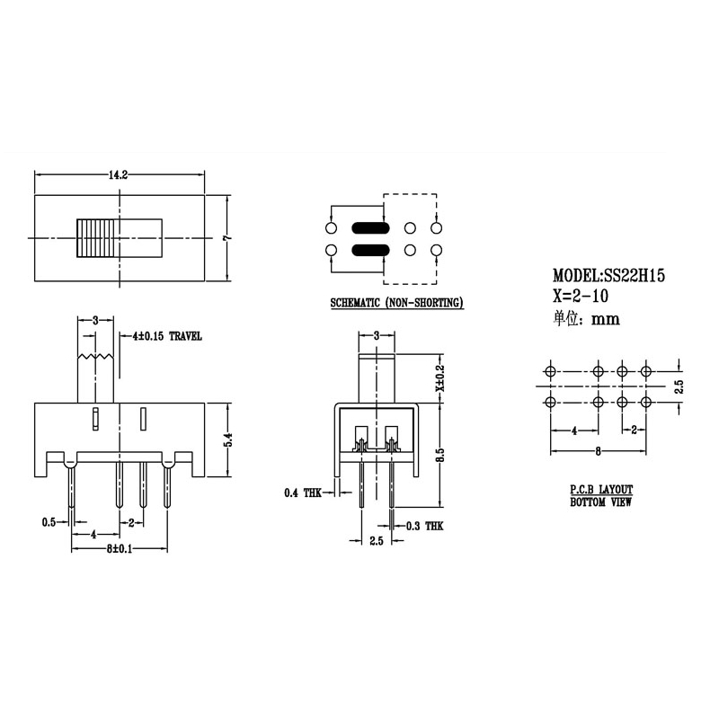 مجموعه 63 عددی کلید سه حالته کشویی 6 پین مدل SS22H15
