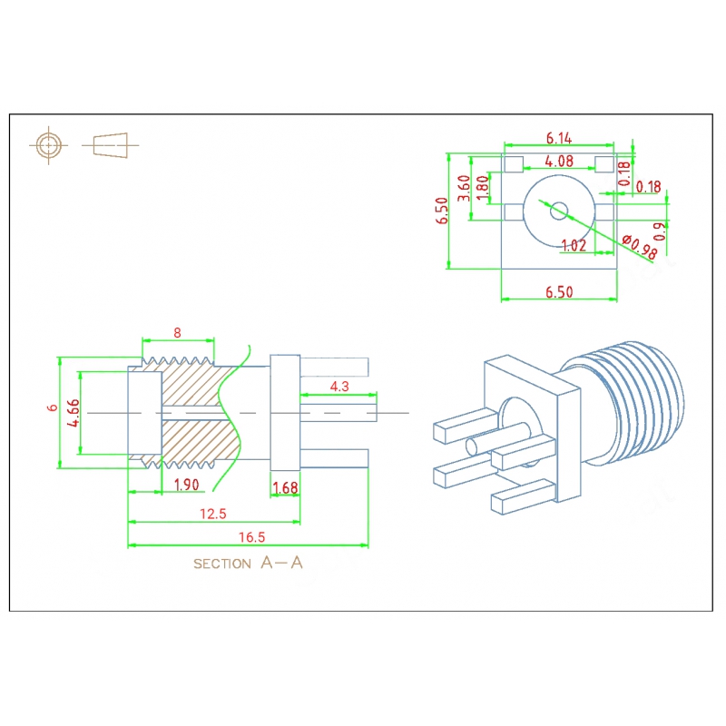 مجموعه 9 عددی کانکتور SMA-PCB نری بلند 16.5mm
