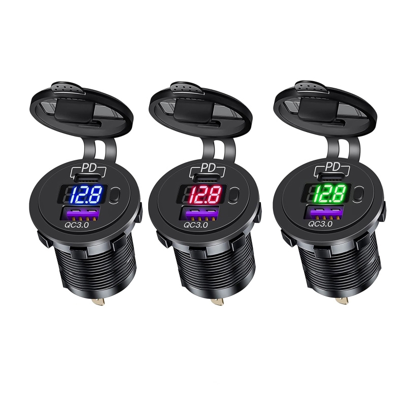 شارژر USB خودرویی روپنلی گرد قرمز QC3.0 + Type-C با نمایشگر ولتاژ و کلید ON/OFF