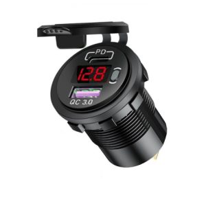 شارژر USB خودرویی روپنلی گرد قرمز QC3.0 + Type-C با نمایشگر ولتاژ و کلید ON/OFF