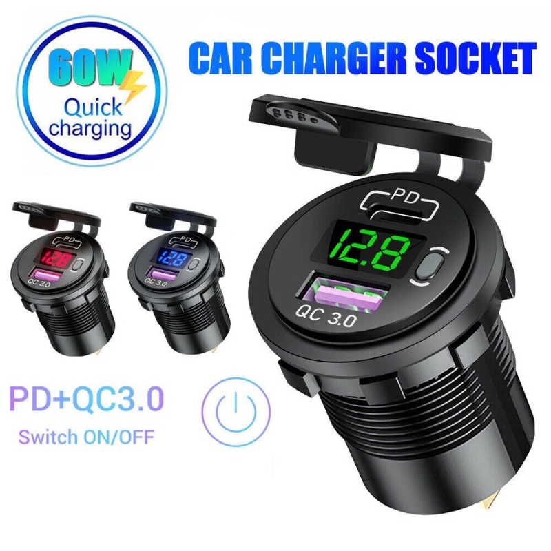 شارژر USB خودرویی روپنلی گرد قرمز QC3.0 + Type-C با نمایشگر ولتاژ و کلید ON/OFF