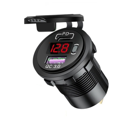 شارژر USB خودرویی روپنلی گرد قرمز QC3.0 + Type-C با نمایشگر ولتاژ و کلید ON/OFF