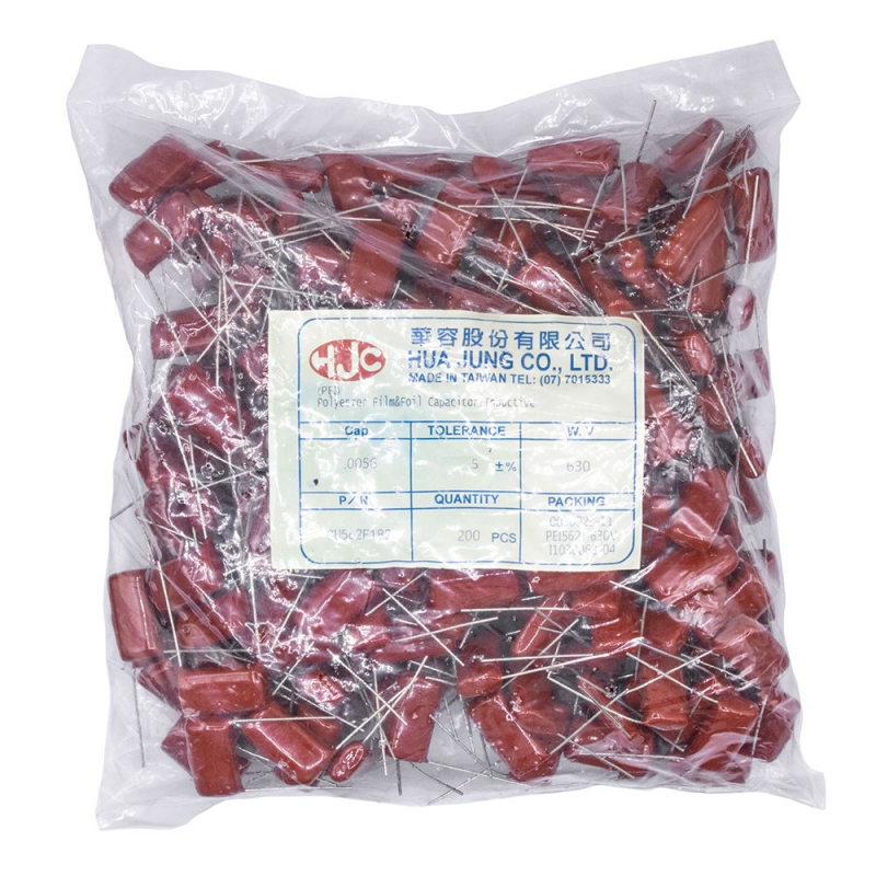 مجموعه 2 عددی خازن پلی استر %5 / 5.6nF / 630V تایوانی مارک HJC بسته200 تایی مجموعه 2 عددی خازن پلی استر %5 / 5.6nF / 630V تایوانی مارک HJC بسته200 تایی