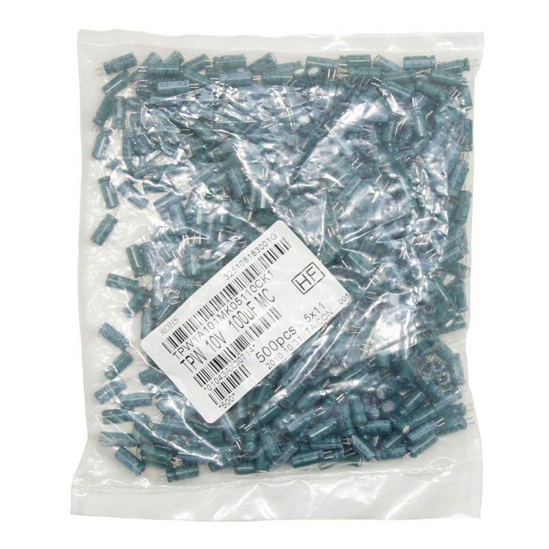 خازن الکترولیتی 100uF / 10V تایوانی مارک TAICON با طول عمر بالا بسته500 تایی