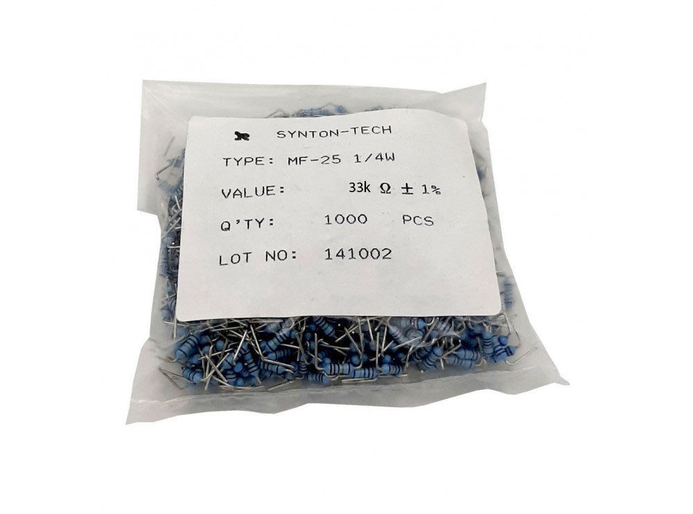 مجموعه 2 عددی مقاومت 33k اهم 1% خم 0.25w بسته1000 تایی مجموعه 2 عددی مقاومت 33k اهم 1% خم 0.25w بسته1000 تایی