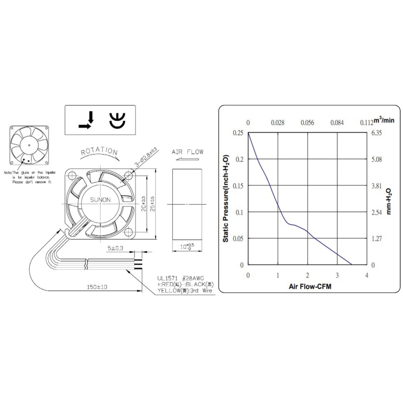 فن براشلس 5v سه سیمه سایز 2.5x2.5x1 مارک SUNON مدل MF25100V1-1000C-G99