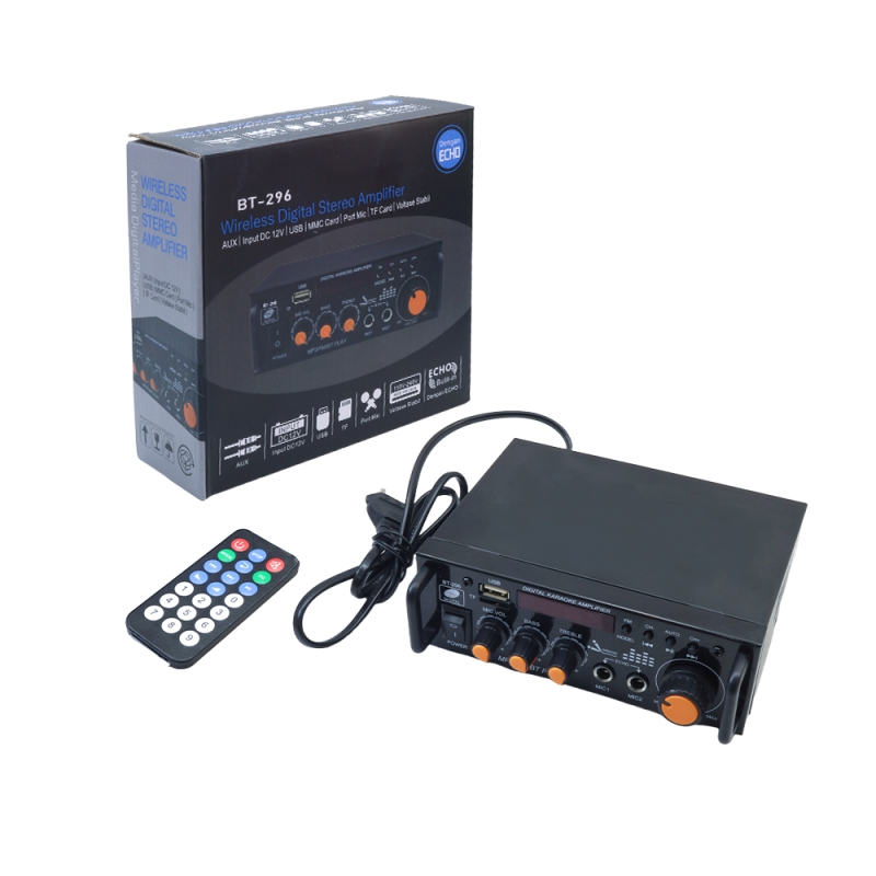 آمپلی فایر بلوتوثی دوبل 600RMS استریو با دو ورودی میکروفن مدل BT-296