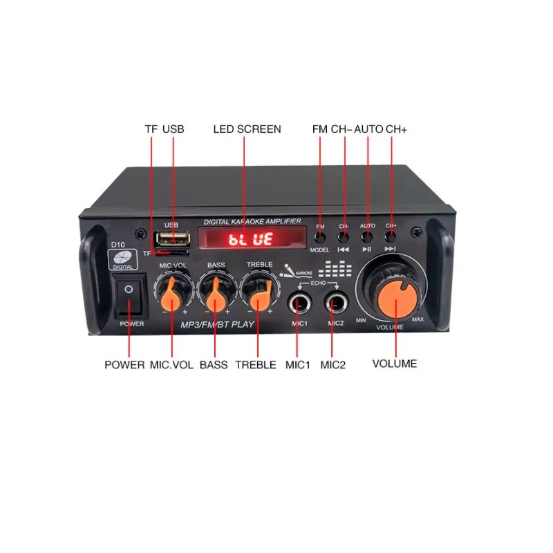 آمپلی فایر بلوتوثی دوبل 600RMS استریو با دو ورودی میکروفن مدل BT-296
