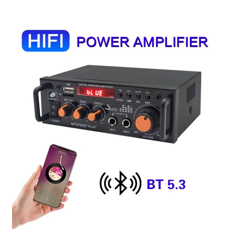 آمپلی فایر بلوتوثی دوبل 600RMS استریو با دو ورودی میکروفن مدل BT-296