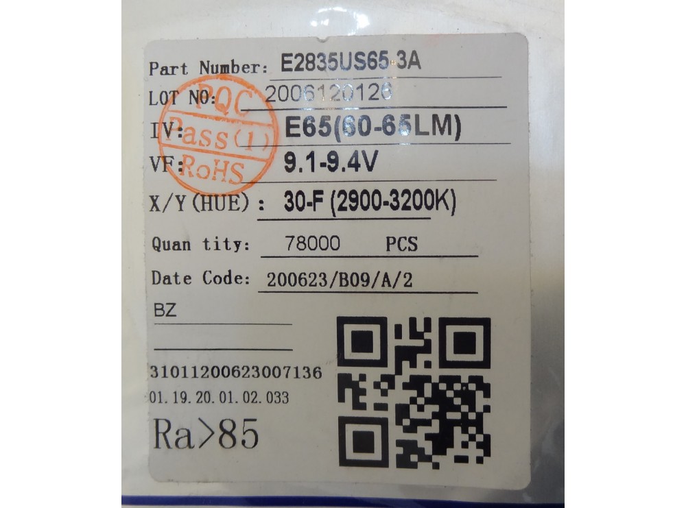 SMD LED پکیج 2835 سفید آفتابی 9V 0.5W 60-65LM RA85 کد E2835US65-3A مارک MLS بسته 1000 تایی SMD LED پکیج 2835 سفید آفتابی 9V 0.5W 60-65LM RA85 کد E2835US65-3A مارک MLS بسته 1000 تایی