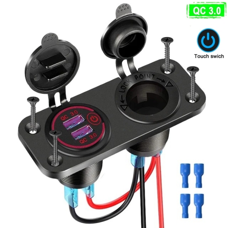 شارژر USB خودرویی روپنلی دوبل فندکی و دو خروجی فست شارژ QC3.0 با ON/OFF لمسی شارژر USB خودرویی روپنلی دوبل فندکی و دو خروجی فست شارژ QC3.0 با ON/OFF لمسی